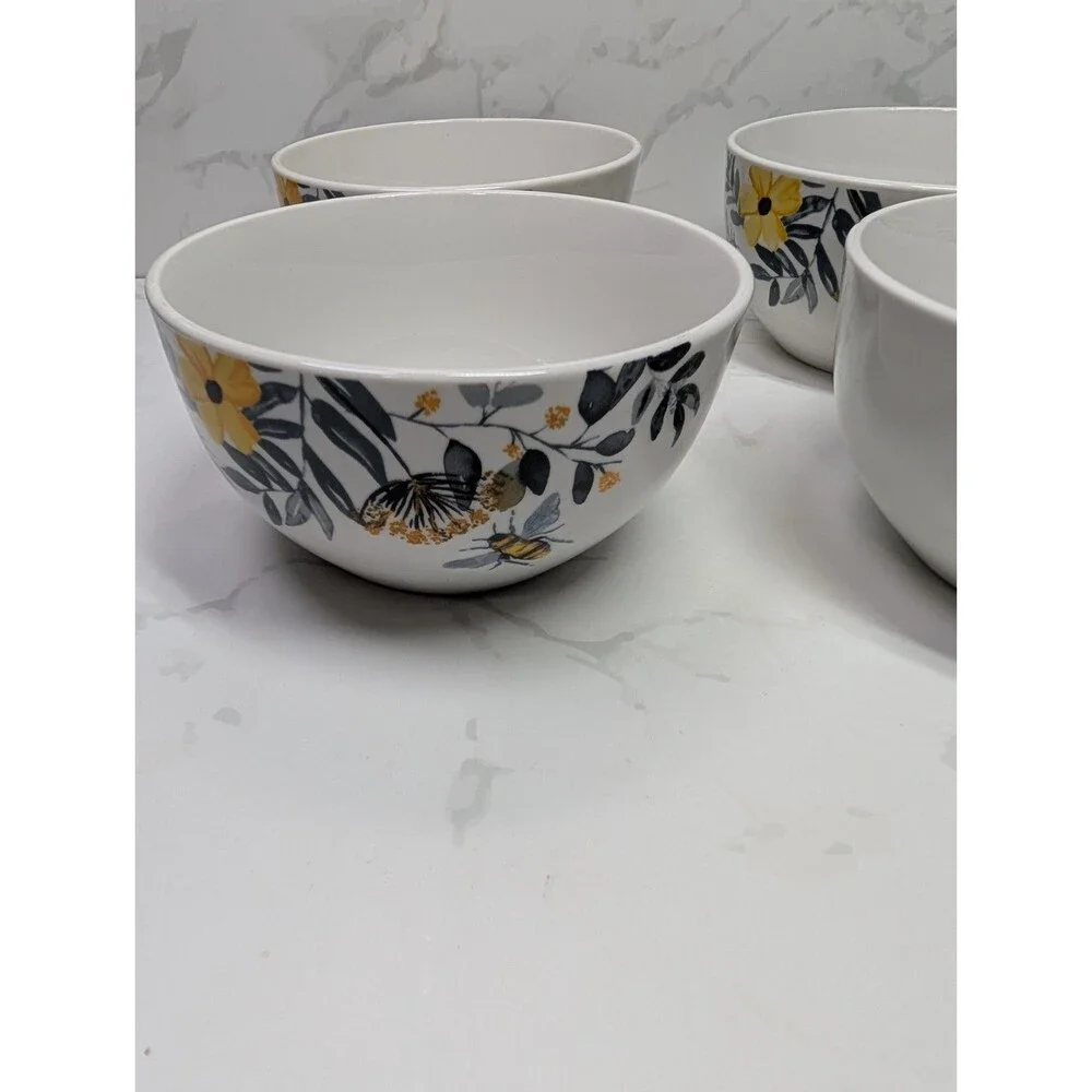 Royal Norfolk Bee Floral Cereal Bowls Set of 4 New Yellow Flowers 5.5